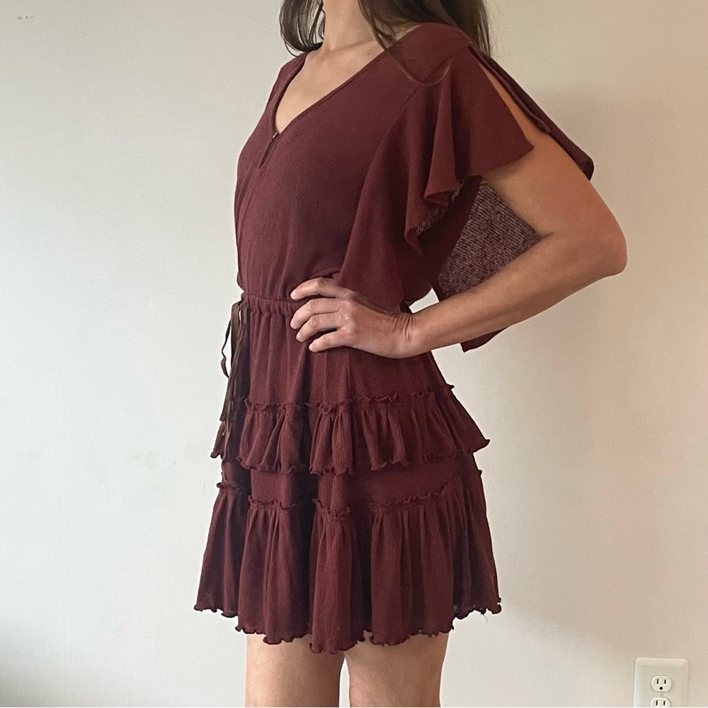 Free People Harper Mini Dress, Linen Blend, Maroon, Size Small